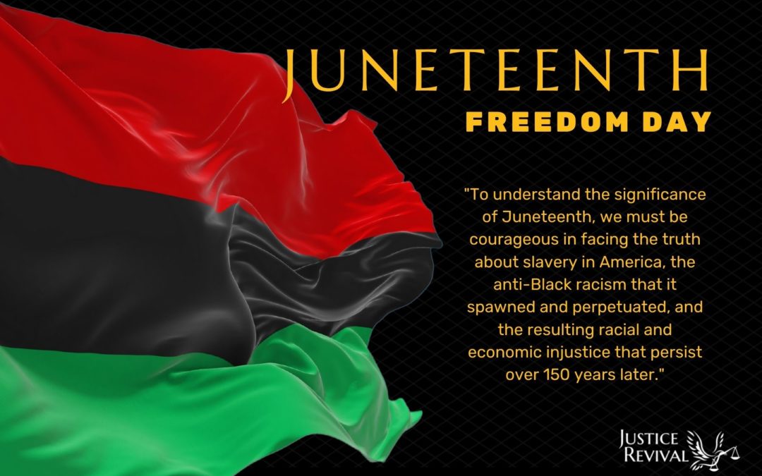 Juneteenth Freedom Day — the red, black, and green Pan-African flag billowing against a dark field