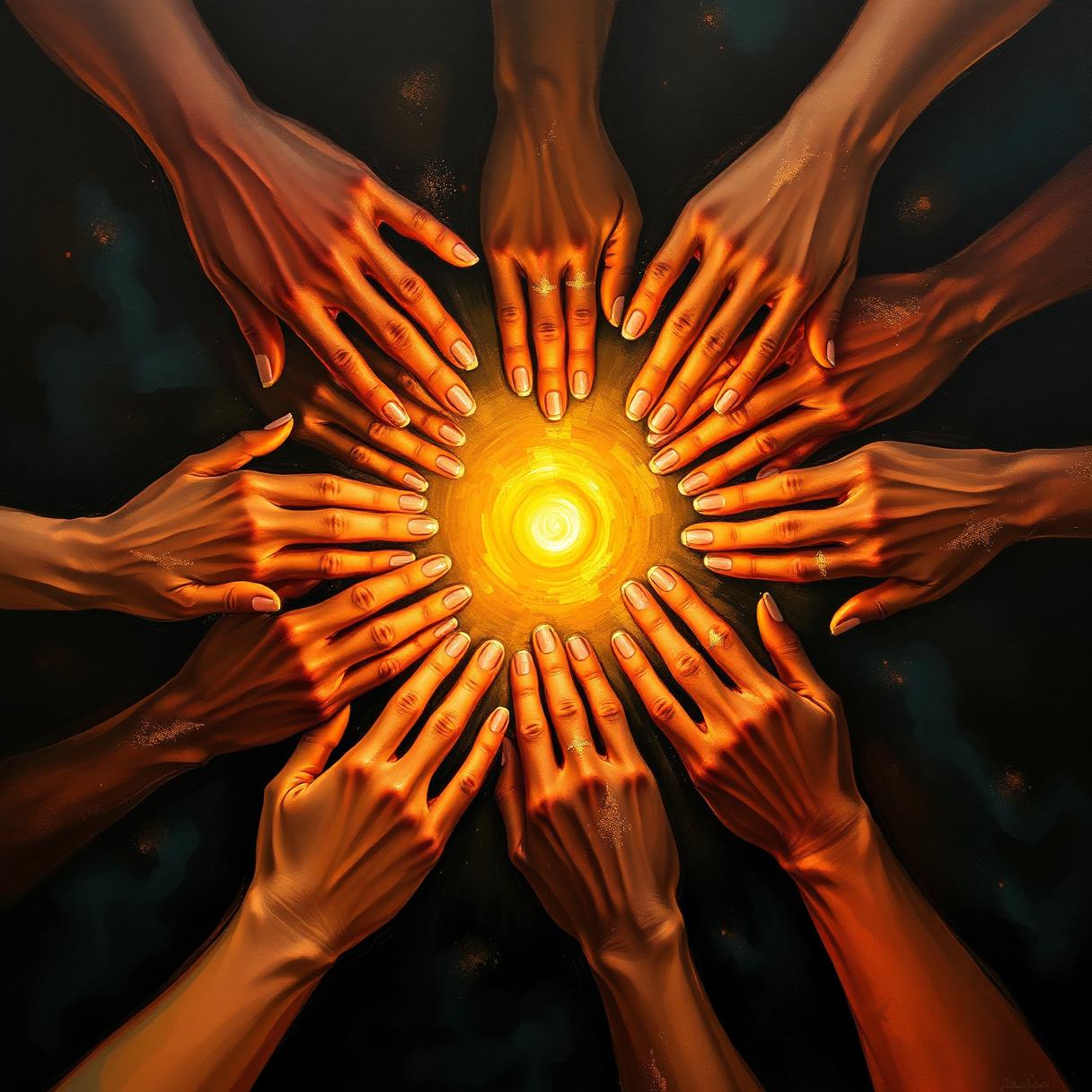 Many hands joined together in a circle, lit by warm candlelight